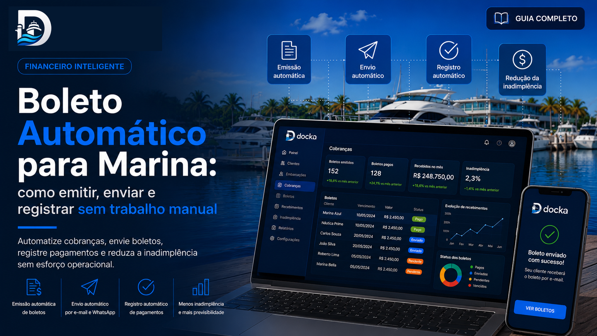 Imagem destacada: Boleto Automático para Marina: como emitir, enviar e registrar sem trabalho manual
